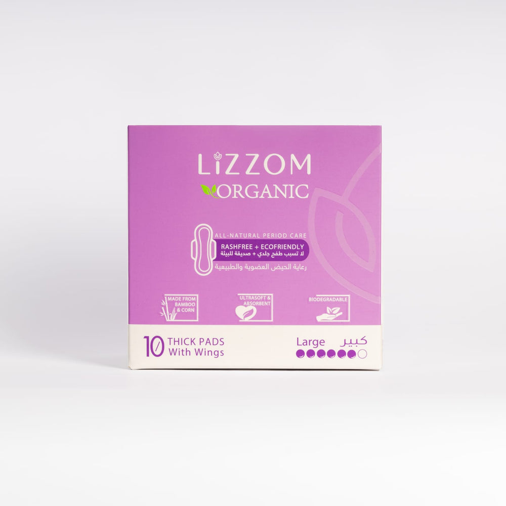 LiZZOM Organic THICK Night Pads, Large, purple box