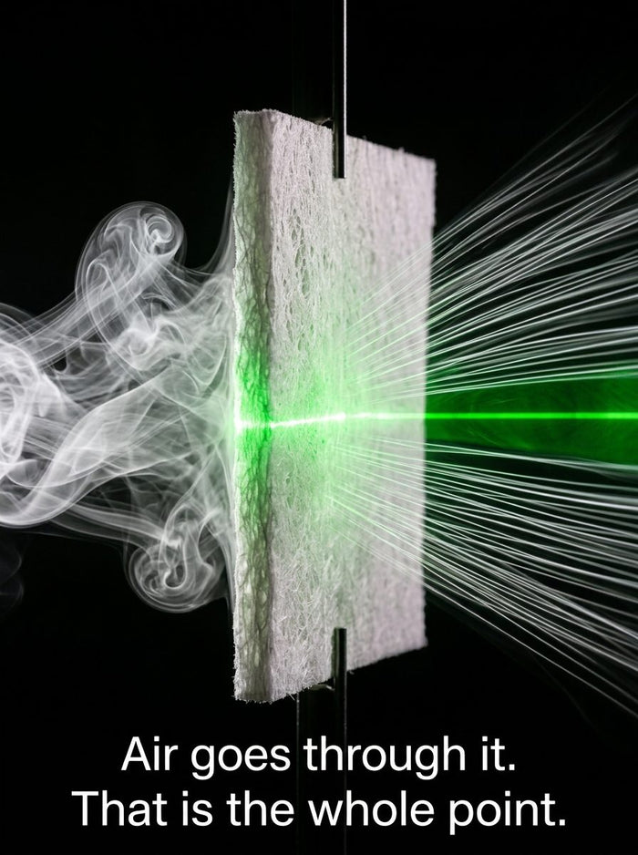 Smoke passing through a bamboo pad in a wind tunnel