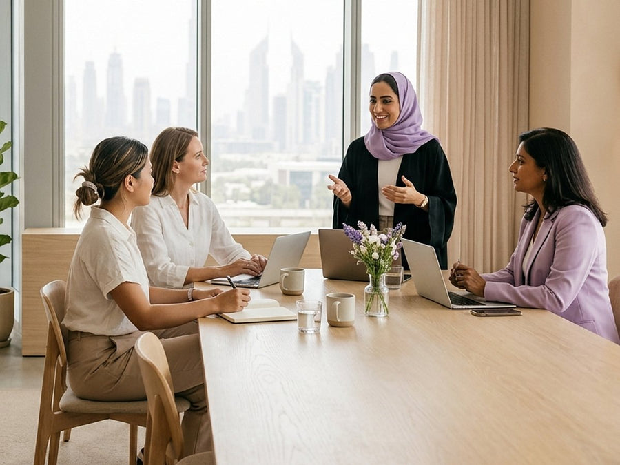 Women in a meeting around a table in a bright Dubai office