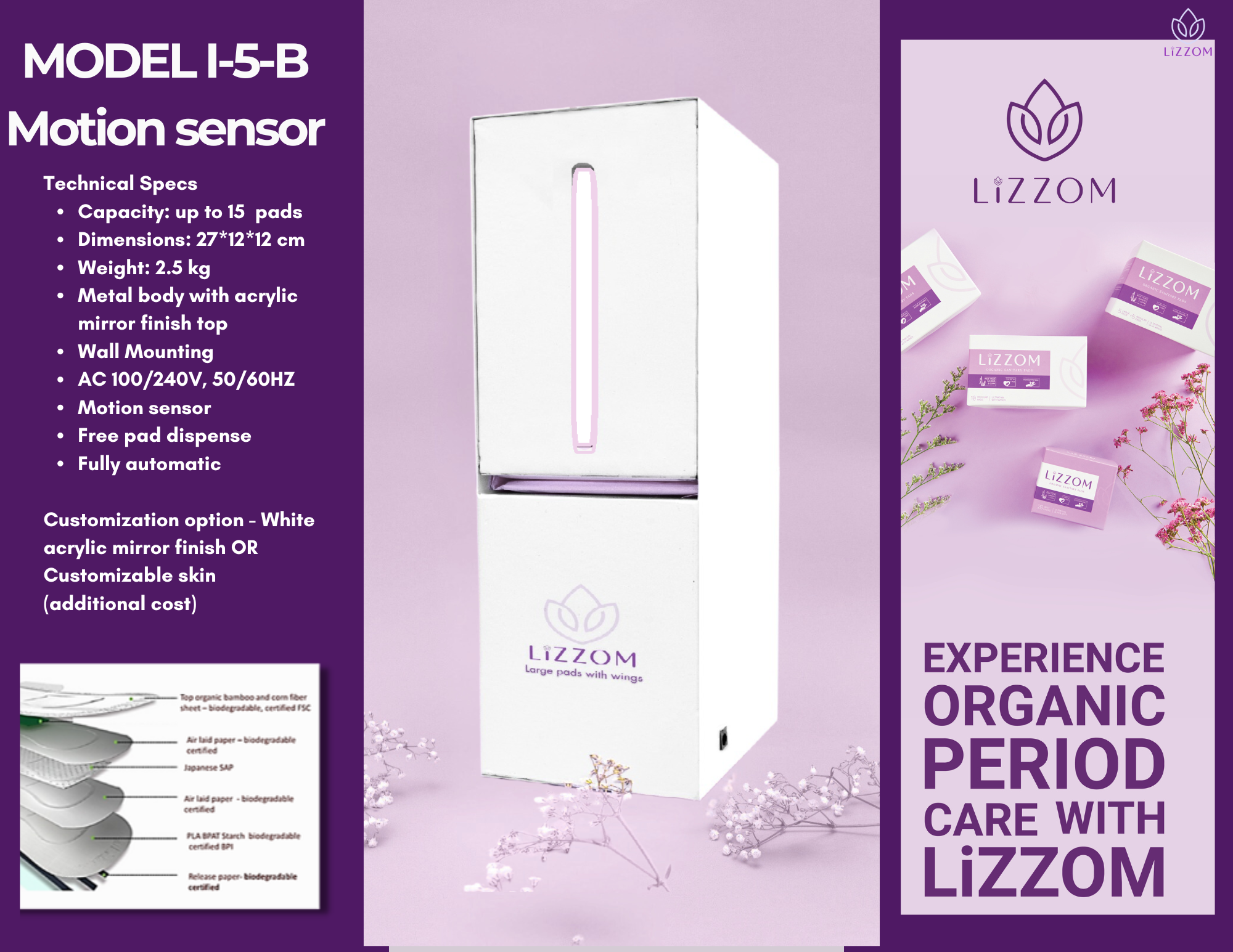 MODEL-I-5-B     Fully Automatic Motion Sensor White Sanitary Pad Vending Machine - (Free pad dispense).