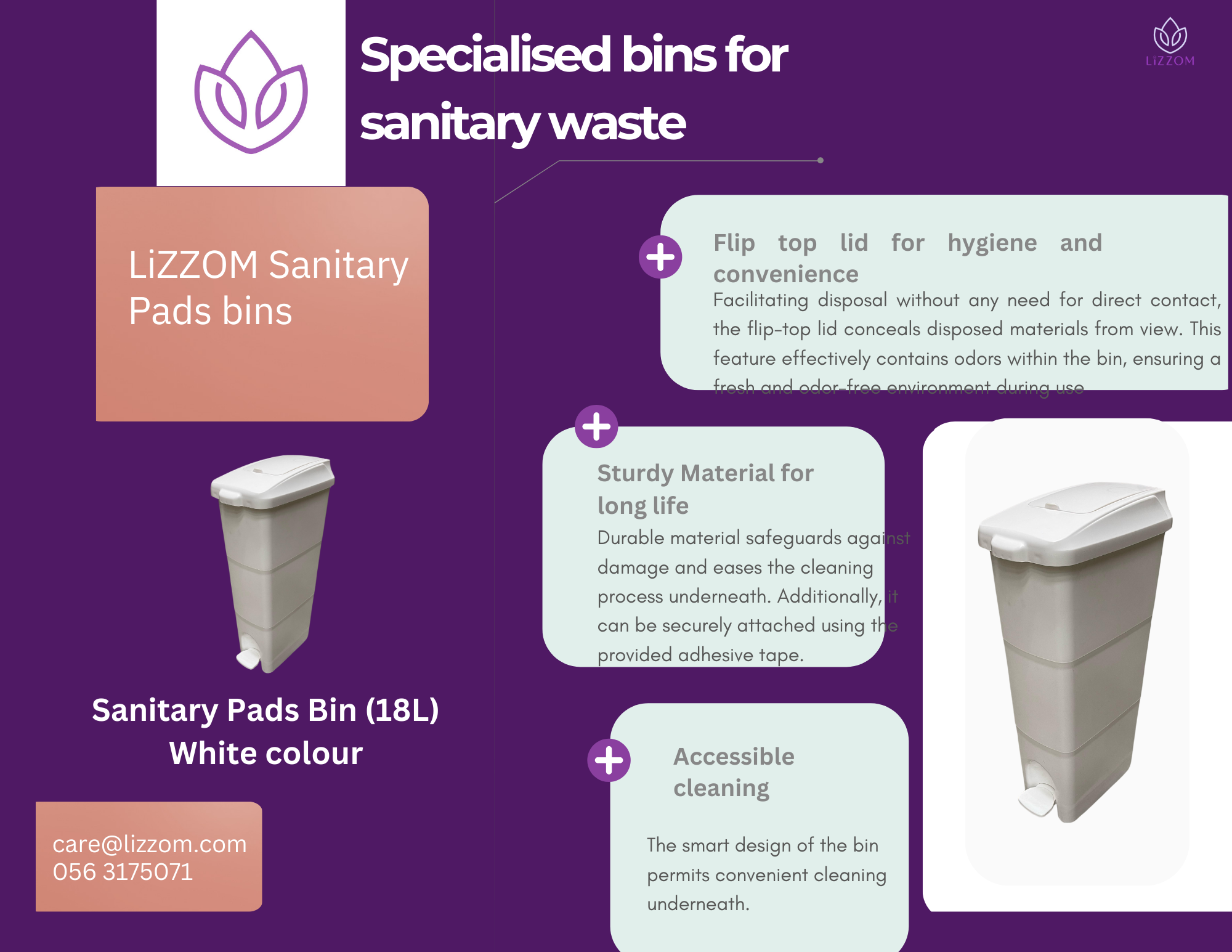 KD-GC45-18  LiZZOM Sanitary Pads Bin (18L)_White color