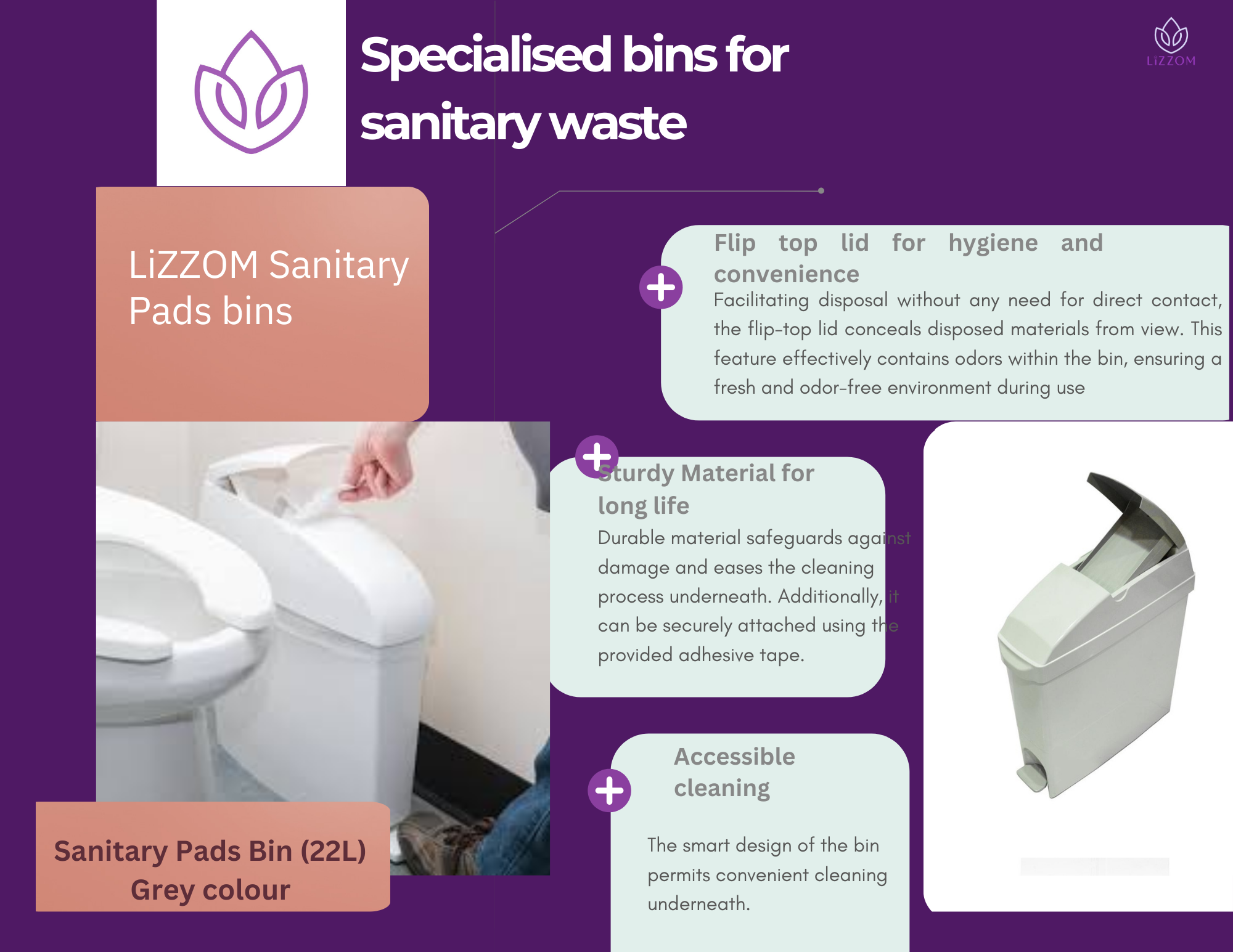 KD-GC46-22  LiZZOM  Sanitary Pads Bin (22L)_Grey color