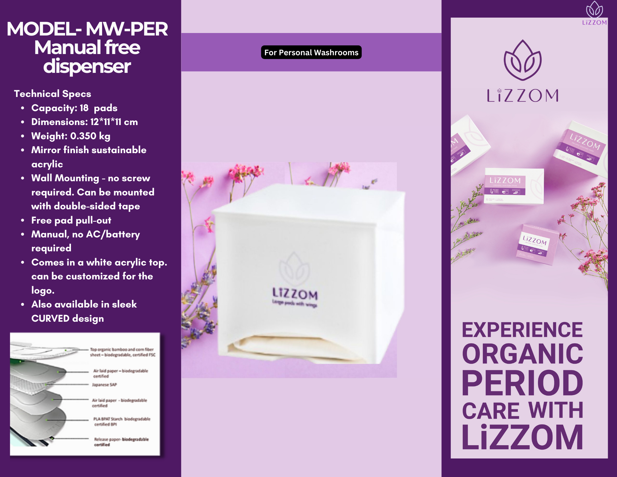MODEL-MW-PER LiZZOM  Minimalist Acrylic White Sanitary Pads Dispenser PERSONAL