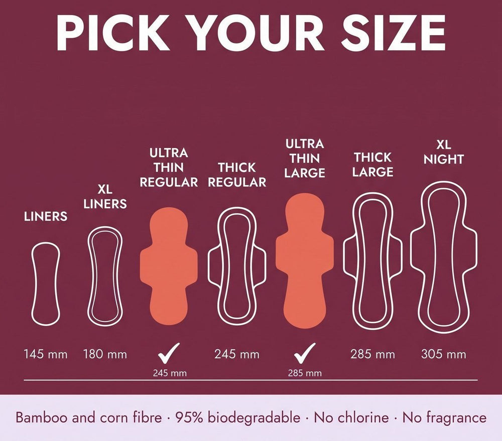 Every LiZZOM size compared with lengths in millimetres, ultrathin pad sizes highlighted