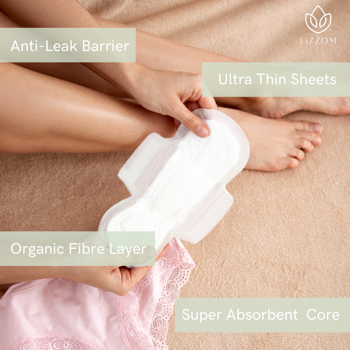 LiZZOM Organic THICK Night Pads - 10 count. Dry feel | Plastic free | Antibacterial | Odor & Rash free. ( CHECK OUR SIZES )