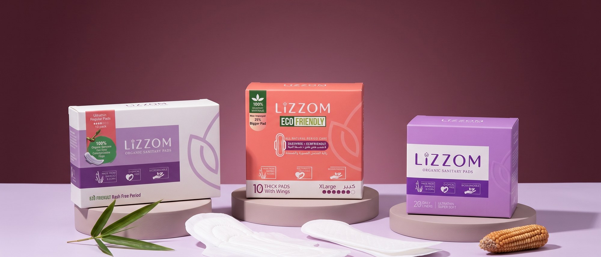 LiZZOM ultrathin, thick night and daily liner boxes with pads, bamboo and corn