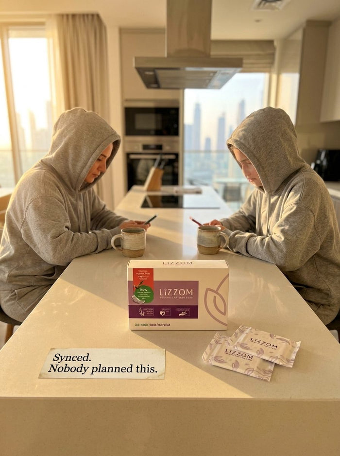 Mother and daughter in matching hoodies at a kitchen island with a LiZZOM box