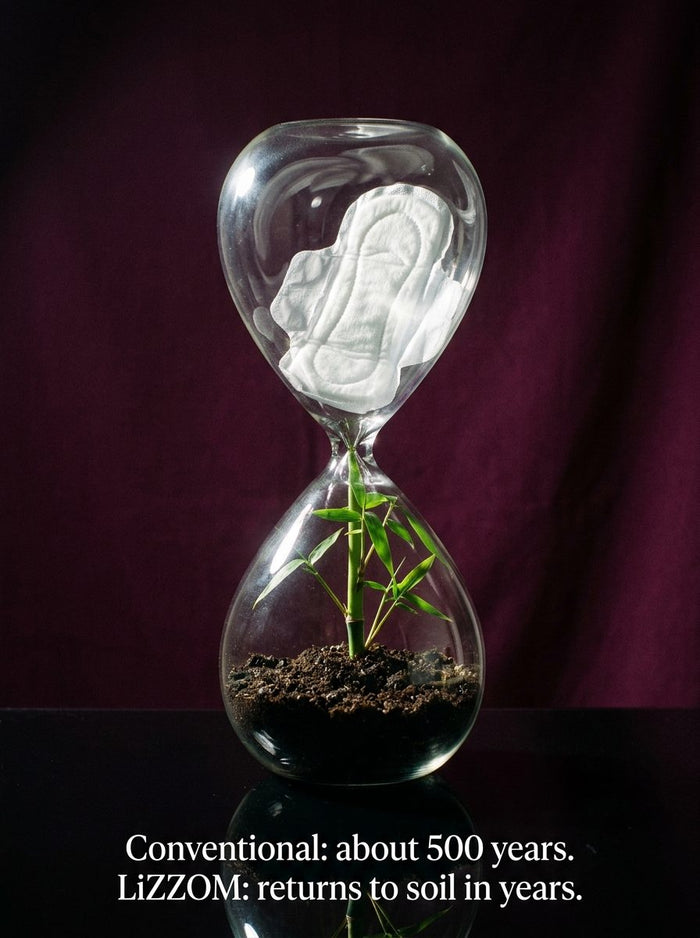 Hourglass with a plastic pad on top and soil with a bamboo shoot below