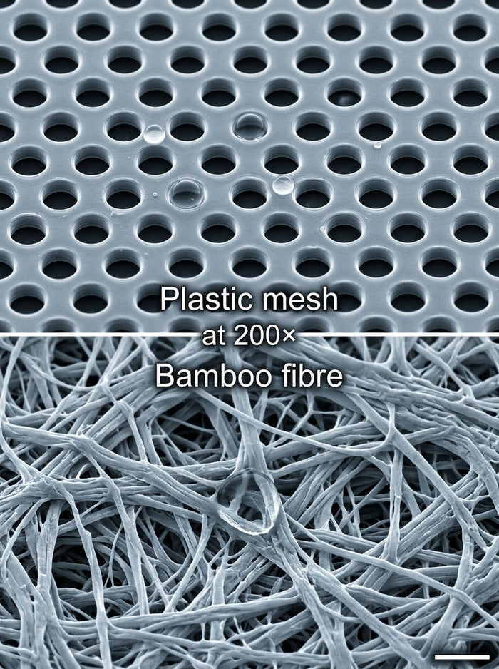 Microscope view of plastic mesh compared with bamboo fibre