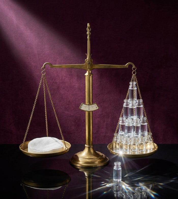A brass scale weighing a LiZZOM pad against 26.9 times its weight in water
