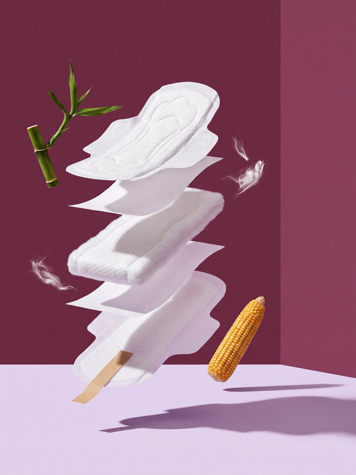 Exploded view of the five layers of a LiZZOM thick pad with bamboo and corn