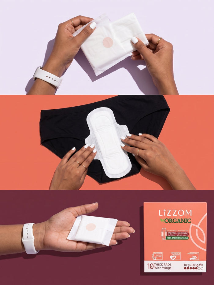 Hands unwrapping, placing and holding a LiZZOM thick pad
