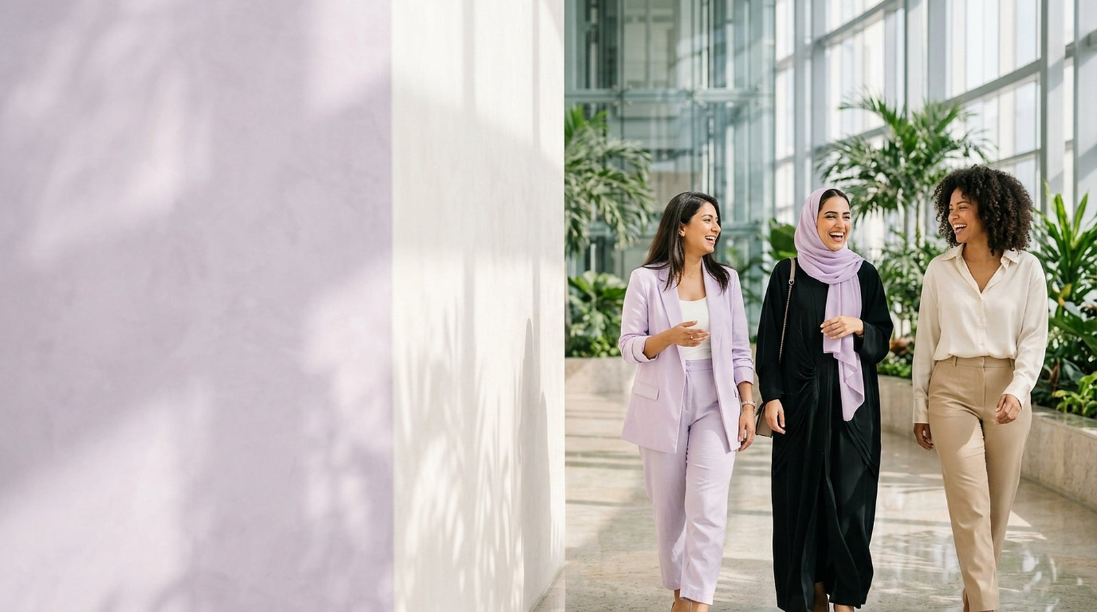 Three women walking and laughing together in a bright Dubai office